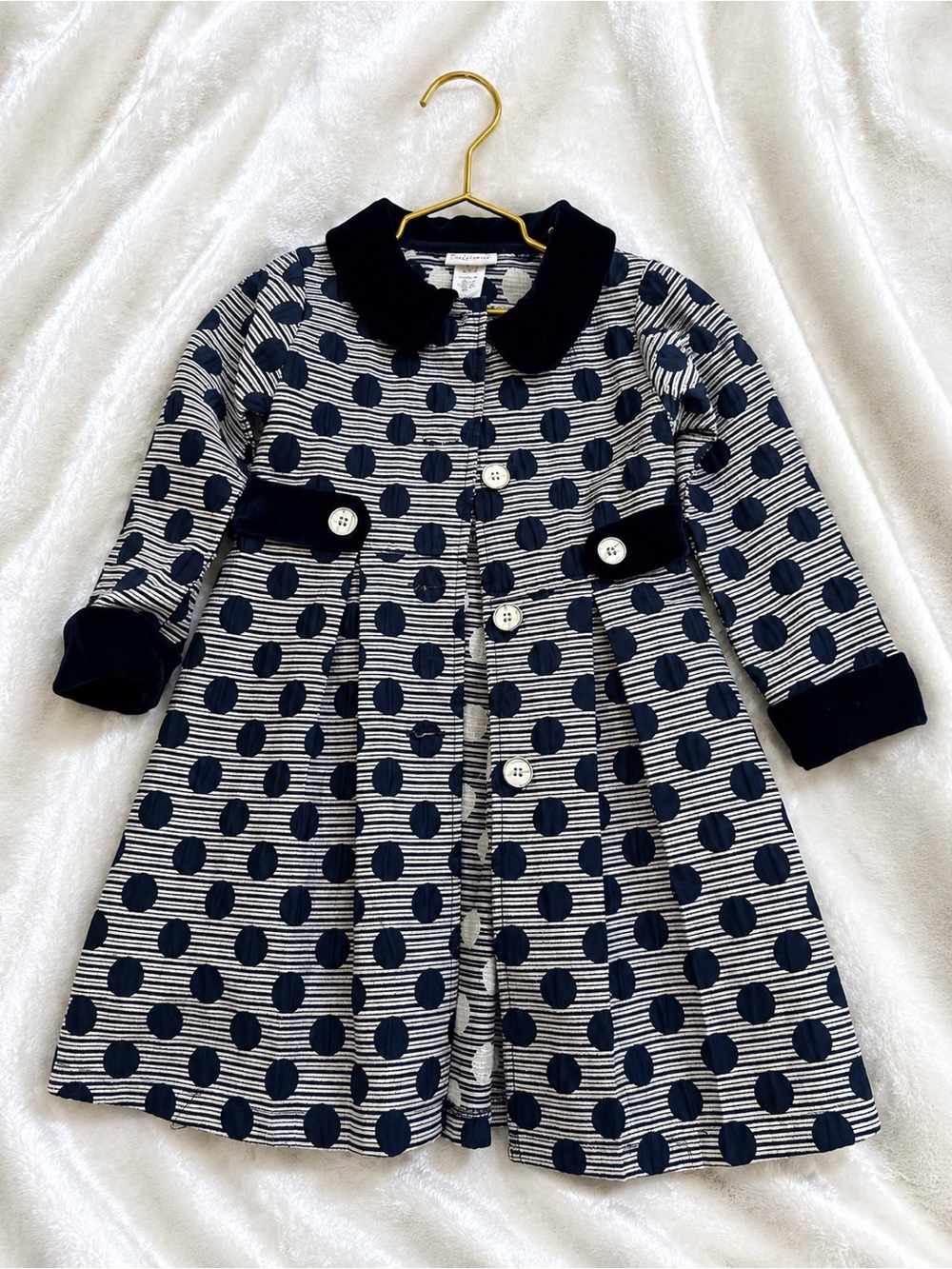 Blueberi Boulevard Navy and White Polka Dot Girls Coat
